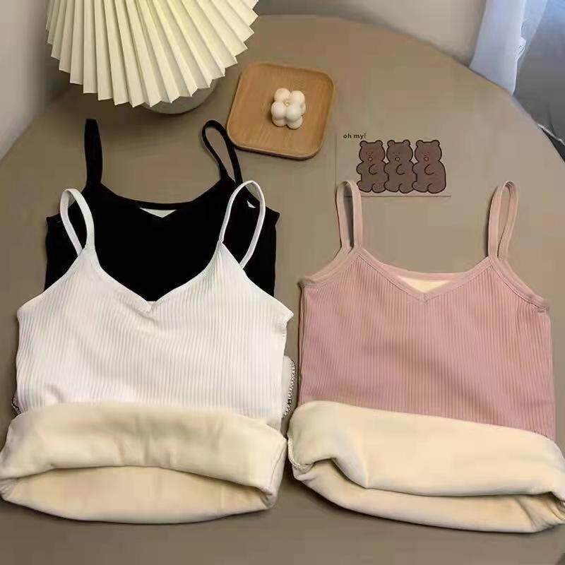 秋冬季加绒加厚吊带保暖背心女修身无袖美背内搭辣妹打底螺纹上衣