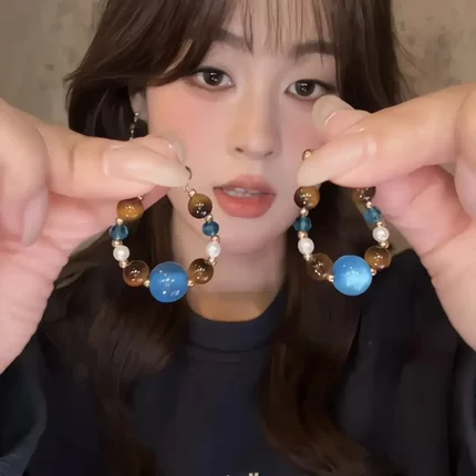 铜合金耳饰新中式虎眼石串珠耳环女秋冬轻奢高级感独特绝美耳坠XW