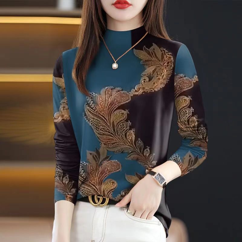 妈妈女装春秋长袖半高领打底衫加绒加厚时尚高档印花遮肚T恤上衣