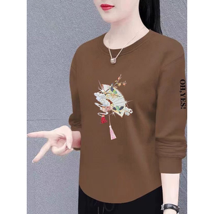 中老年妈妈装长袖t恤打底小个子女宽松大码印花卫衣遮肉短款上衣