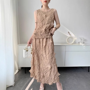 小众设计感乱褶套装 手工褶皱减龄休闲背心上衣显瘦半裙 女2026夏季