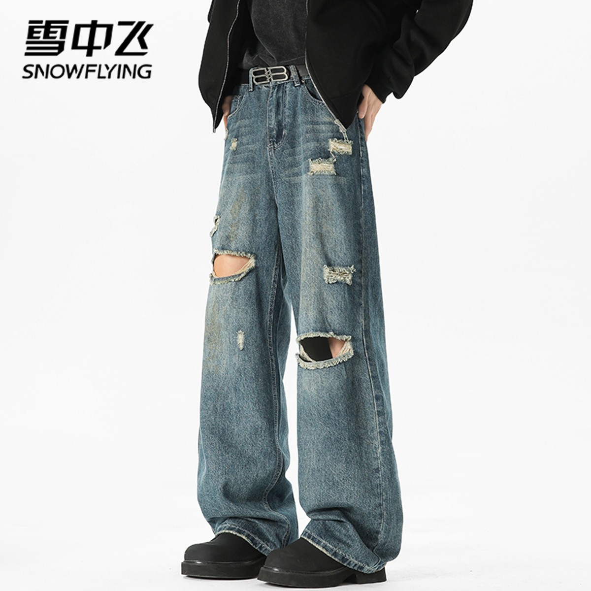 美式破洞牛仔裤男水洗做旧直筒中腰耐磨阔腿长裤痞帅街头风休闲裤,男装,休闲裤,淘宝优惠券,粉丝福利购,淘宝优惠卷