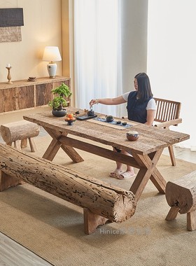Hinice侘寂风实木复古泡茶桌中古风茶室老木日式民宿茶台长方形