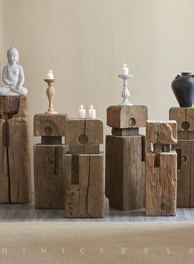 Hinice 侘寂风复古做旧木柱墩子风化实木头木桩老木落地摆件禅意