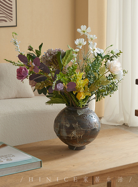 Hinice 侘寂风艺术家手作粗糙陶瓷做旧博古架玄关插花花器花瓶