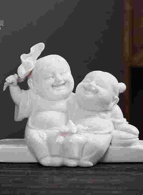 陶瓷车载小摆件 和合公仔家居工艺品玄关摆饰 瓷娃娃童子礼品
