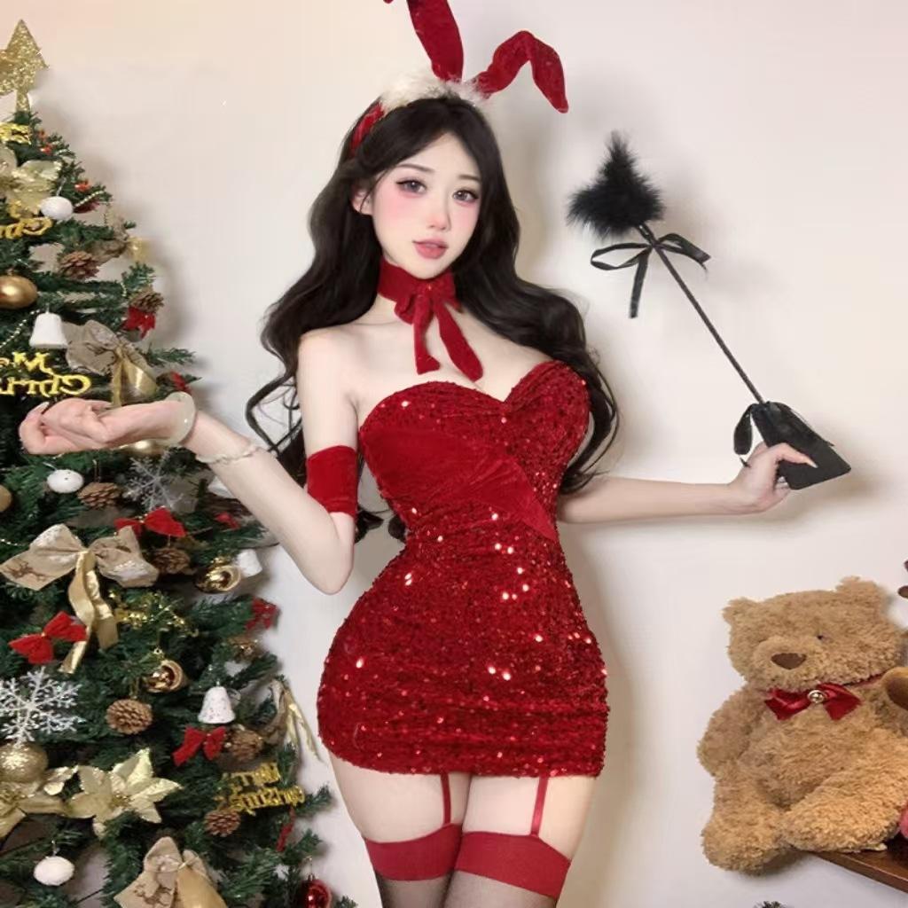 忠卿性感纯欲风居家睡衣睡裙圣诞亮片抹胸连衣裙辣妹紧身收腰显瘦