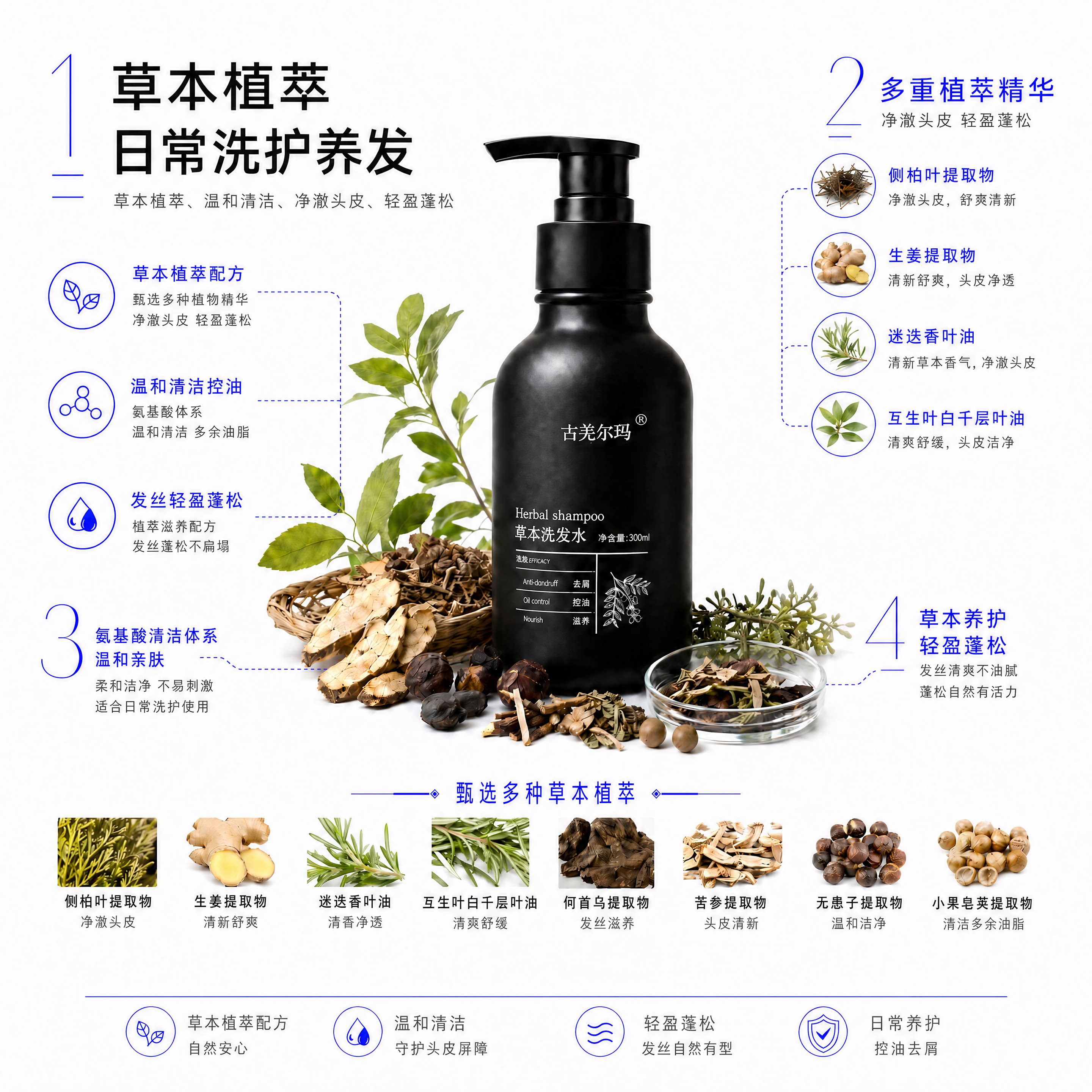 草本洗发水去屑控油无硅油无月桂醇去屑蓬松细软塌硅油堆积适用