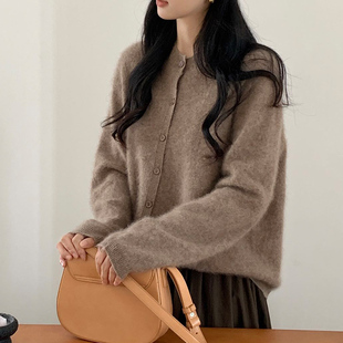 TIKVAH慵懒风宽松时尚女圆领长袖羊毛针织衫开衫纯色高级拉绒毛衣