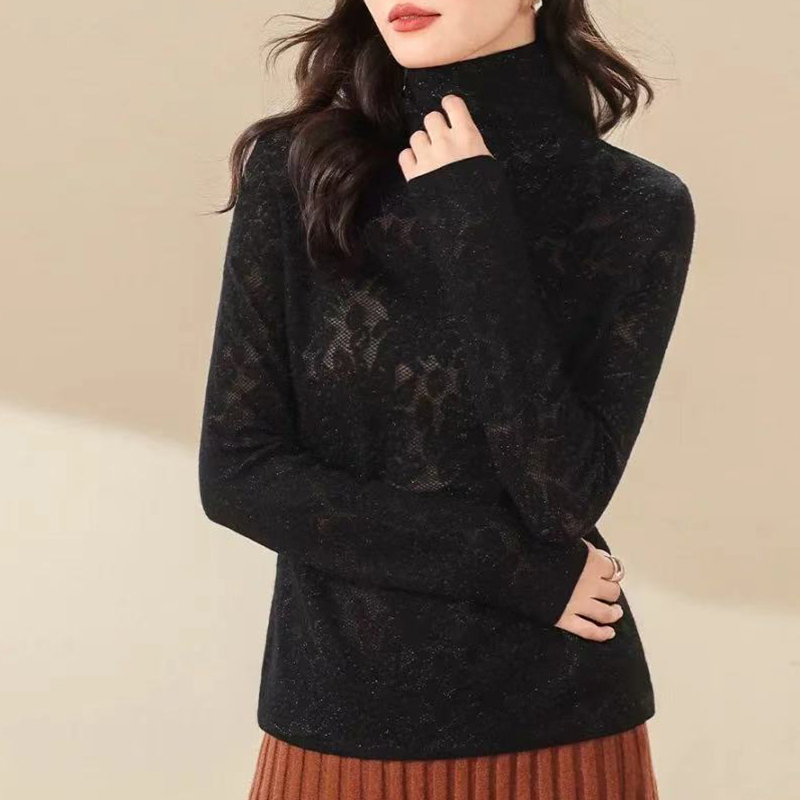 TIKVAH高级感高领蕾丝镂空针织衫