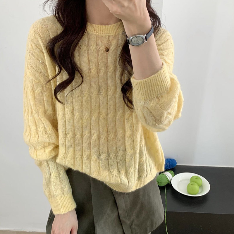 TIKVAH新款慵懒风软糯落肩袖女羊毛针织衫高级感宽松纯色毛衣百搭