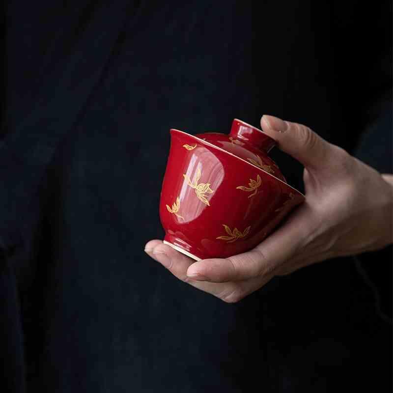 墨己 郎红烫金盖碗 功夫茶具陶瓷仿烫泡茶碗 家用红色国风主泡碗