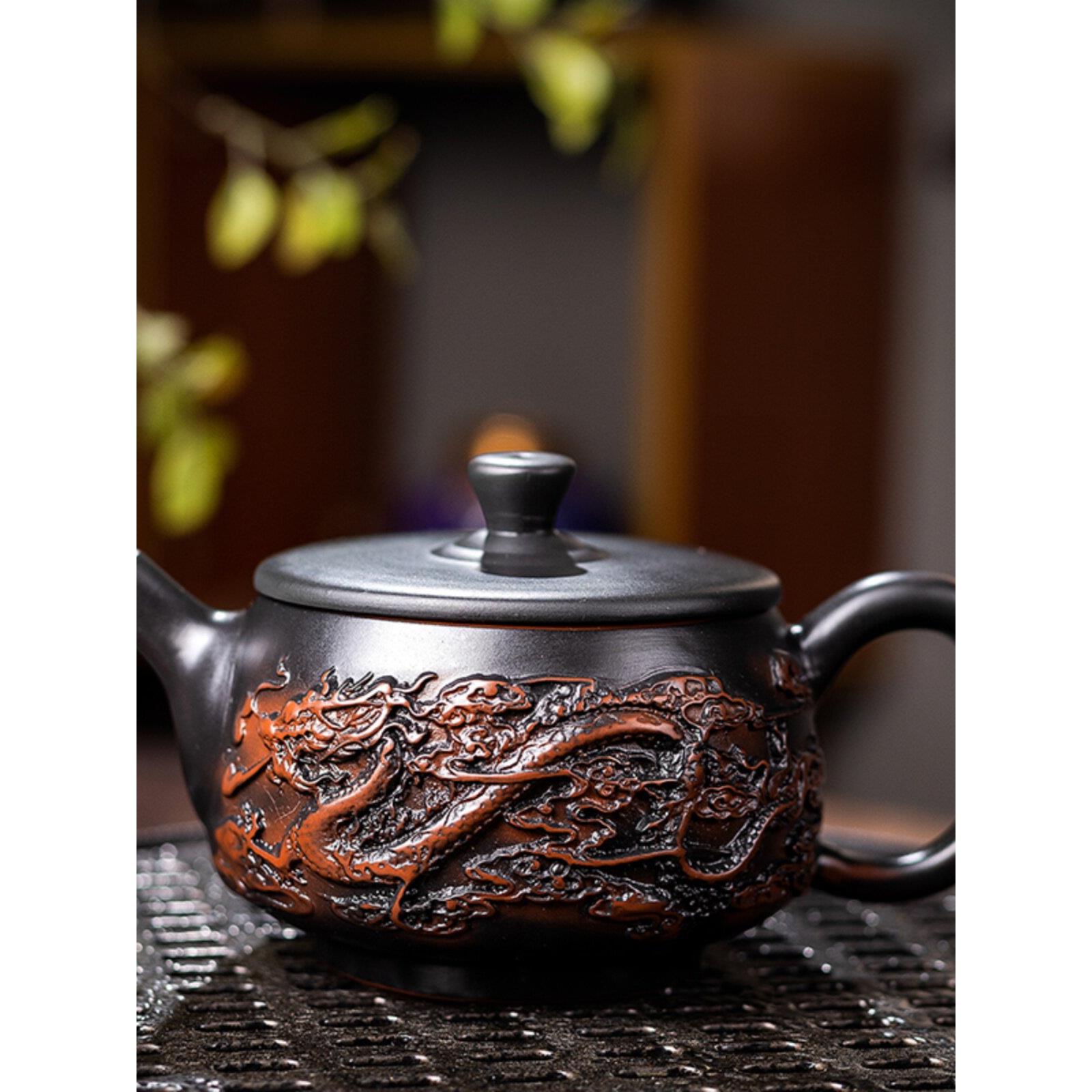 建水紫陶茶壶单壶浮雕紫泥手工紫砂壶西施壶茶具云南手抓壶竹节壶