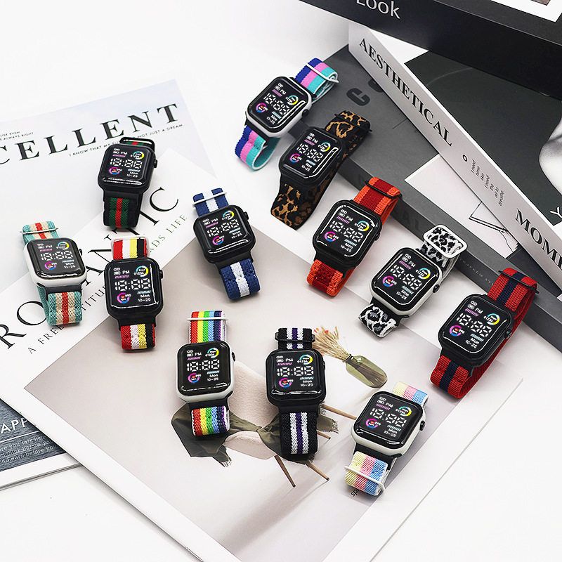 新款七彩方形弹力尼龙表带led