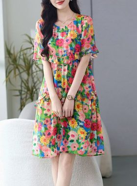 69480夏季新款高端女装五彩缤纷桑蚕丝碎花裙双绉真丝连衣裙女