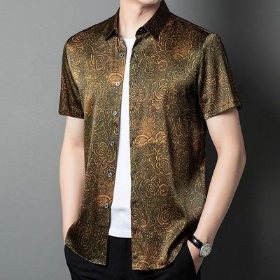 真丝短袖衬衫男装薄款印花桑蚕丝