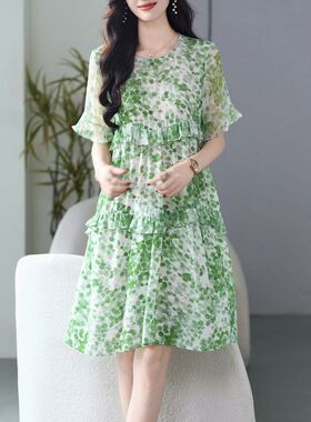 69500深圳南油高端清新果绿色碎花真丝裙女100％桑蚕丝气质连衣裙