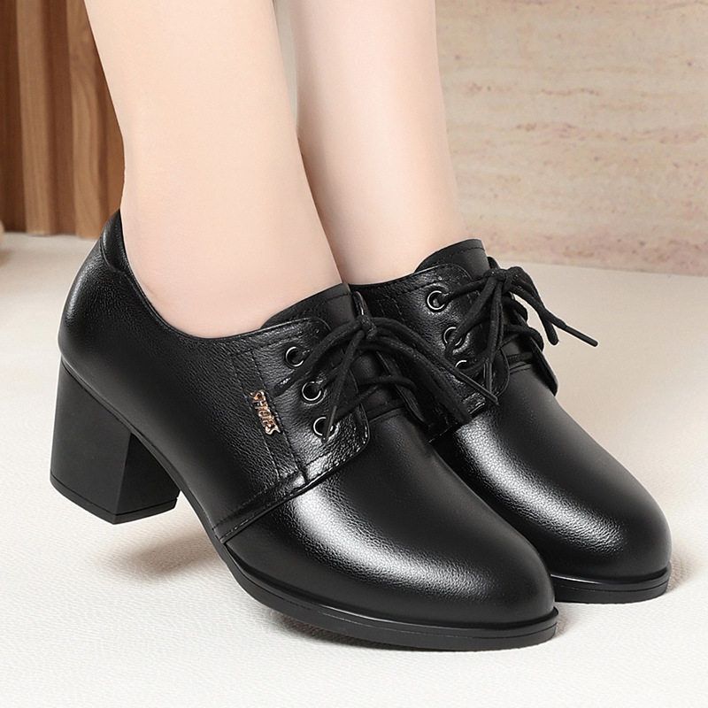 真皮系带女鞋女士深口休闲小皮鞋