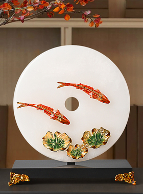 新中式摆件高端天然玉石平安扣锦鲤家居客厅玄关酒柜办公室装饰品