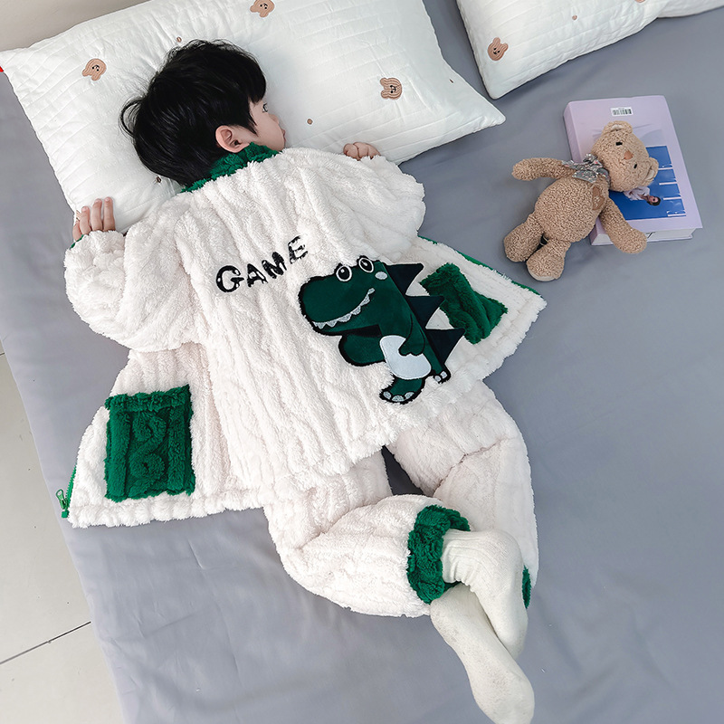 儿童睡衣男童三层加厚夹棉加绒法兰绒珊瑚绒秋冬季小童保暖家居服