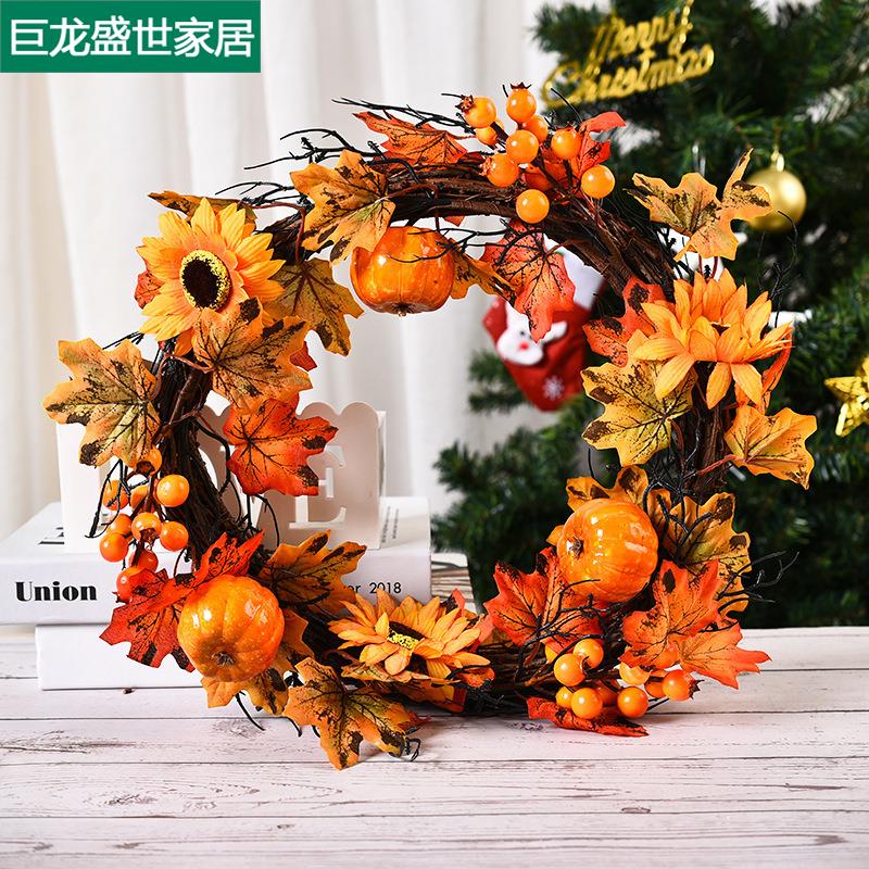 万圣节秋色枫叶花环南瓜浆果门挂丰收节藤圈感恩节花圈装饰品