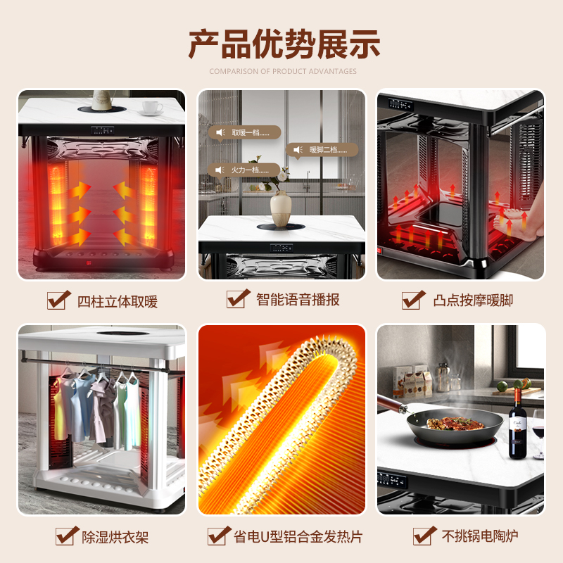 电暖桌取暖桌正方形烤火桌子家用多功能客厅四面取暖炖火锅电炉子