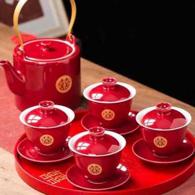 中式婚礼改口敬茶杯婚庆喜碗敬茶杯结婚四个套装款红色喜庆喝茶杯