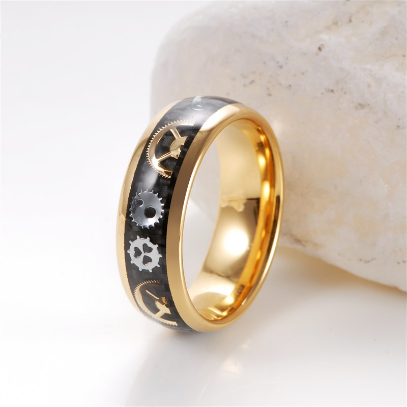 Mens Gold Tungsten Carbide Ring Inlay Black Carbon Fiber &am
