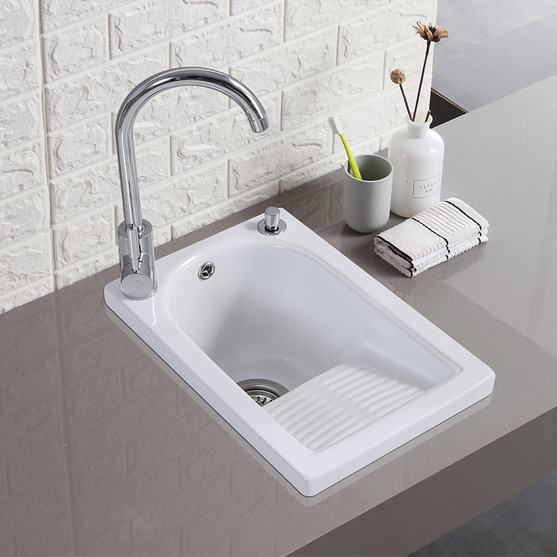 陶瓷洗衣盆水槽带搓衣板阳台嵌入式小号水池超深大尺寸洗衣池搓板