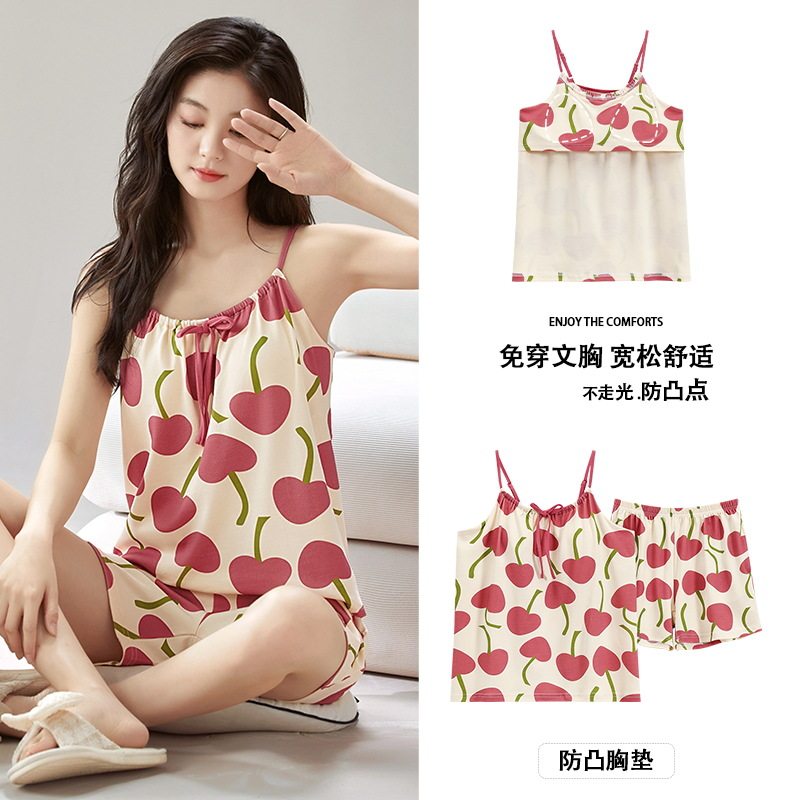 睡衣女夏吊带套装带胸垫无袖女士两件套棉质夏天薄款家居服批发