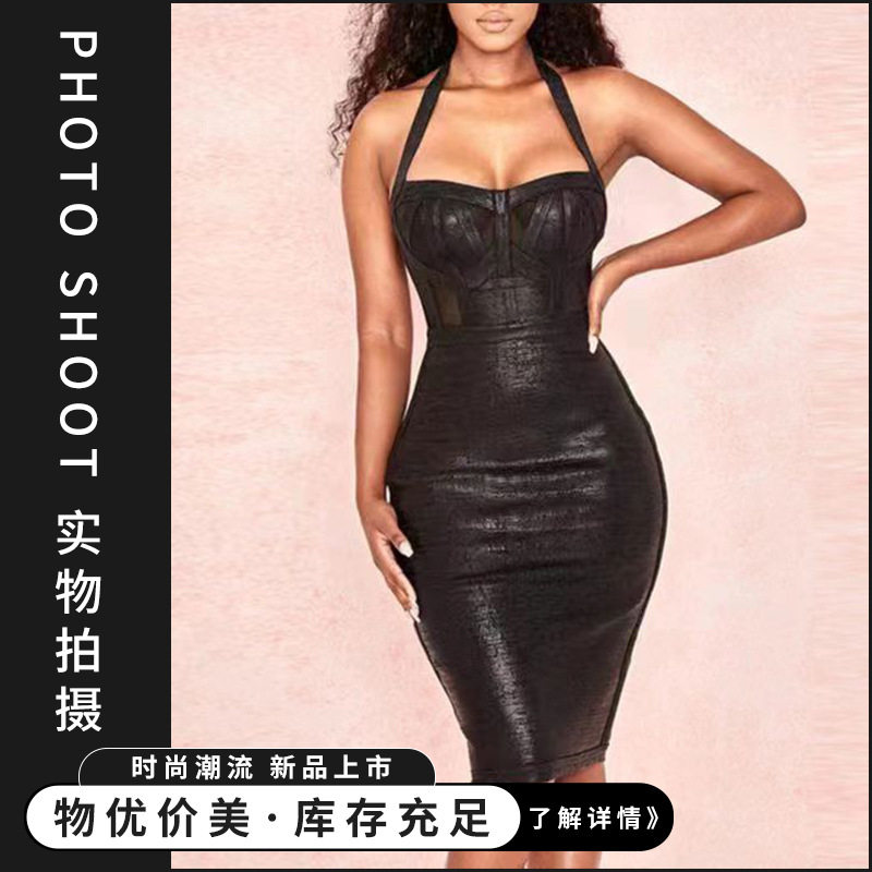 紧身黑色绷带大衣连衣裙派对小礼服夜店爆款欧美海边度假连衣裙