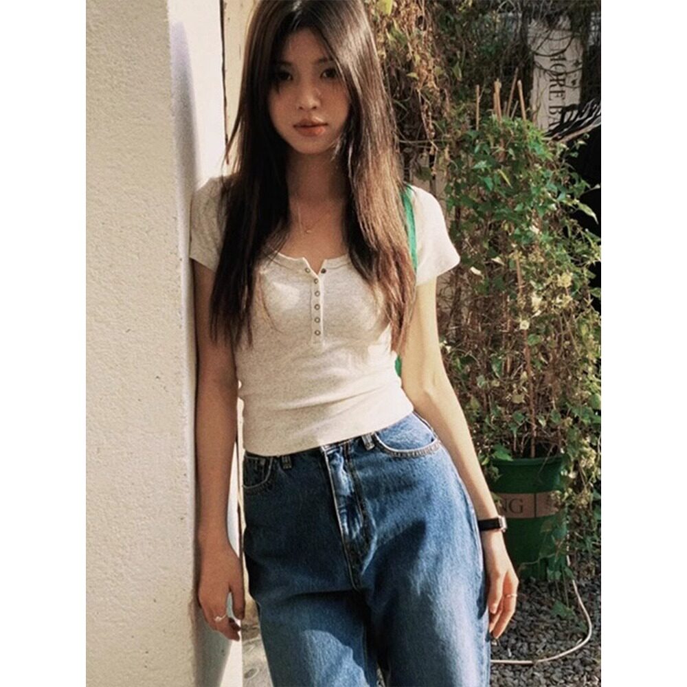 白色短袖t恤女装2025新款夏季半开领正肩修身辣妹小个子短款上衣