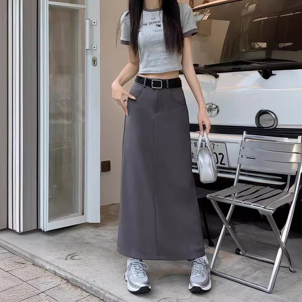 开叉A字西装半身裙女夏季新款高腰黑色显瘦包臀裙中长款灰色裙子