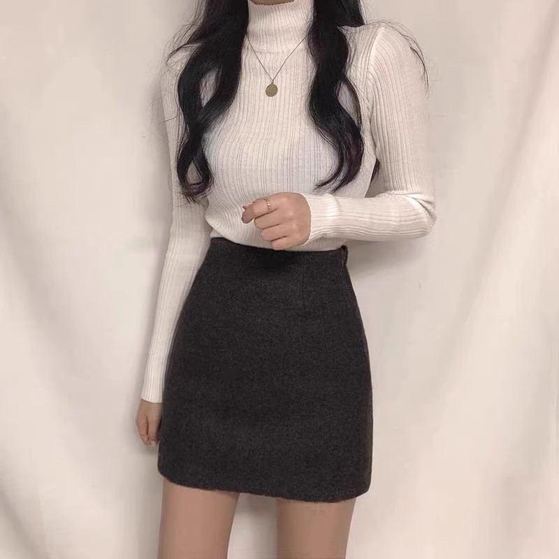 a字裙冬裙半身裙秋高腰黑色呢子显瘦包臀短裙辣妹冬女小个子毛呢