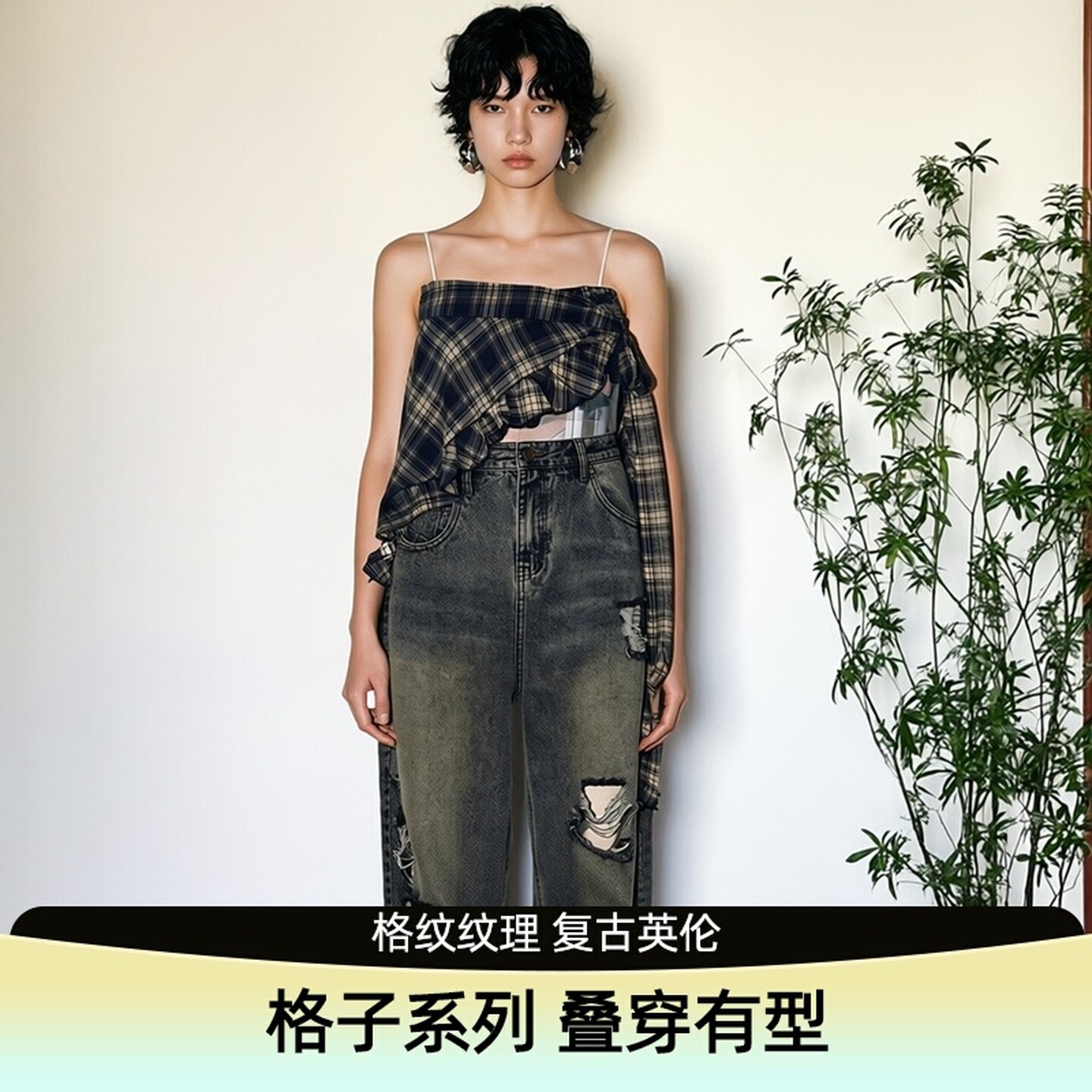 韩系新款格子头巾短裙叠穿屁帘