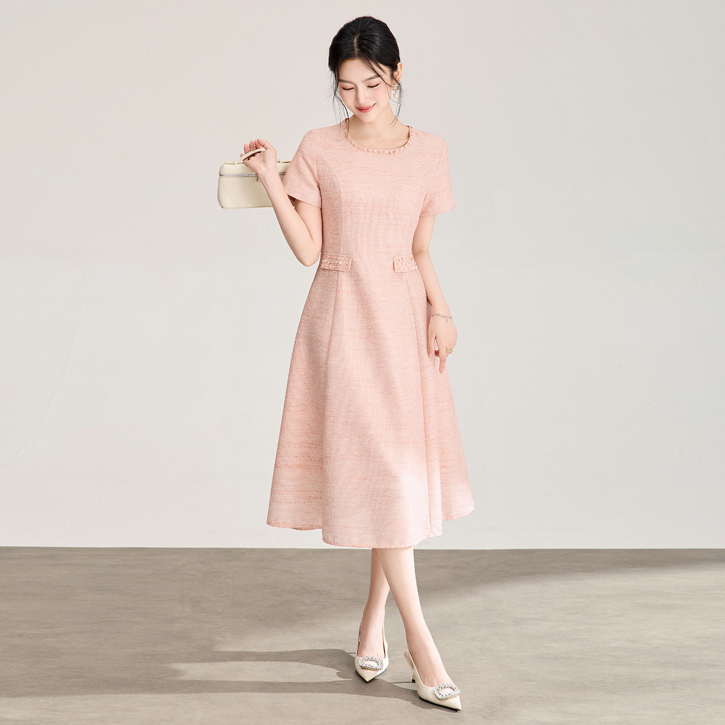 2604713-[专供]南油女装亮丝编织钉珠短袖小香风连衣裙中长裙款