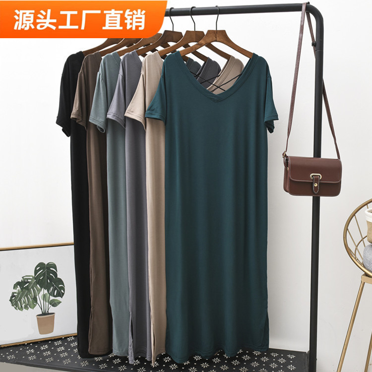 大码宽松露背新款长裙女夏莫代尔v领休闲打底裙子短袖连衣裙a字裙