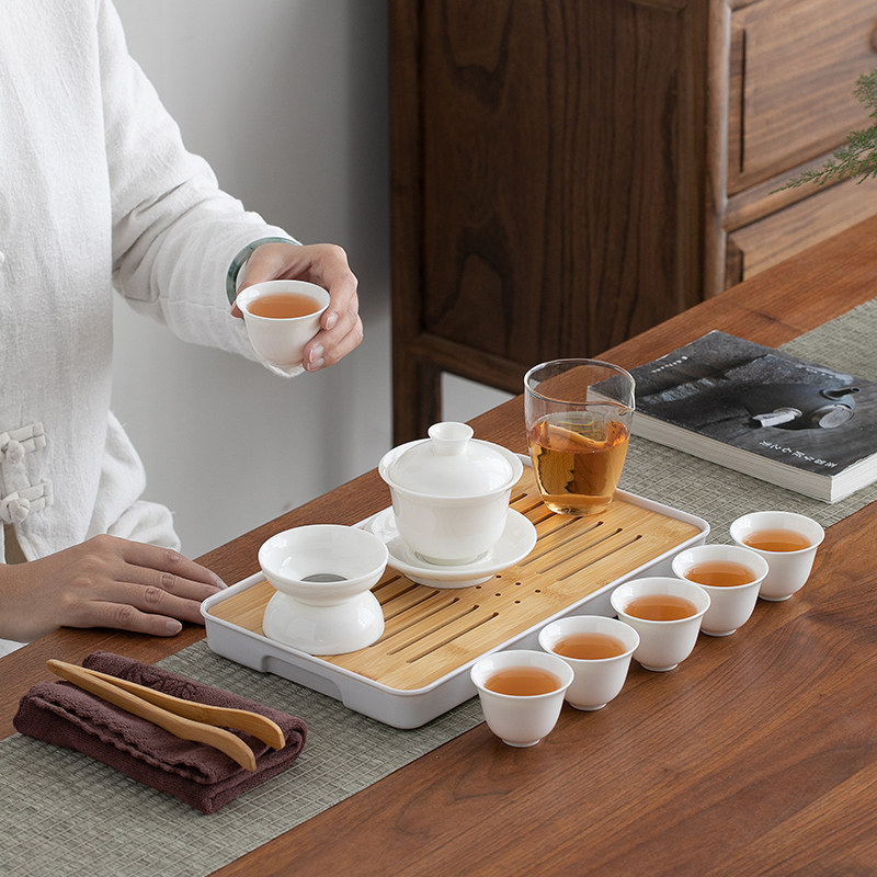羊脂玉旅行功夫茶具套装家用陶瓷盖碗茶杯整套便携式收纳简约白瓷,餐饮具,功夫茶具,淘宝优惠券,粉丝福利购,淘宝优惠卷