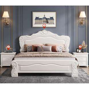 欧式白色实木床1.8米双人床美式简约现代高箱雕花主卧公主床婚床