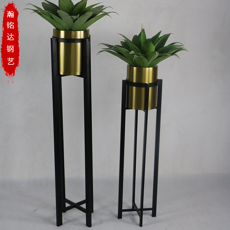 一手货源金属烤漆黑色花架KTV酒店软装摆放花插不锈钢香槟金花盆