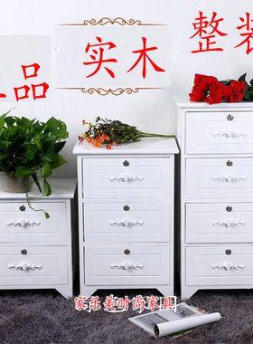 W8带锁实木床头柜子白色田园储物柜小型收纳柜简约现代斗柜窄床边
