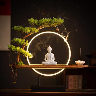 禅意如来摆件家居客厅玄关桌面创意灯圈样板房软装 新中式 饰品摆设