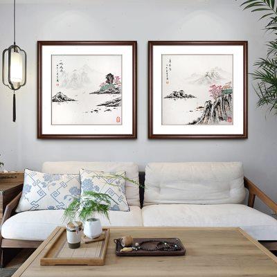 纯手绘中式山水画水墨画客厅沙发玄关包间餐厅斗方国画装饰挂画框