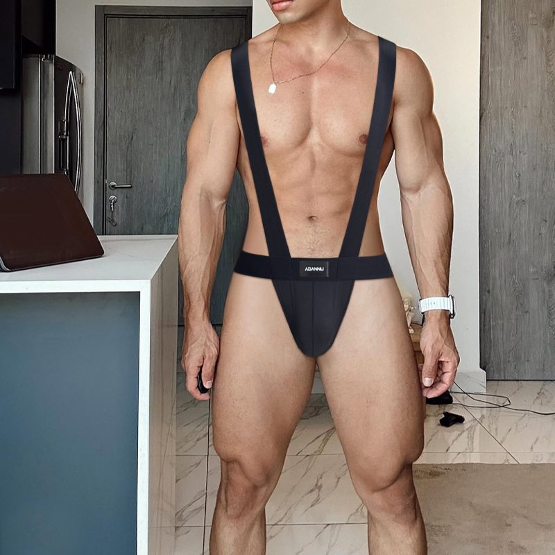 ADANNU男士连体衣性感高叉双吊带三角裤款塑身美体露胸健身显大男