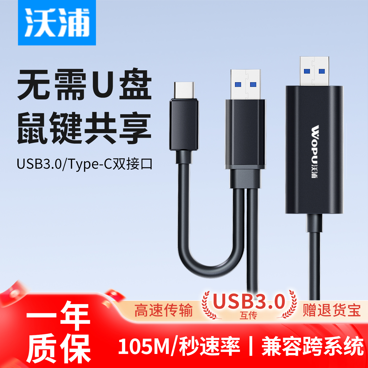沃浦USB3.0对拷线键鼠共享电脑数据互传typec笔记本台式连接线文件拷贝互传双头USB联机数据线传输线共享器