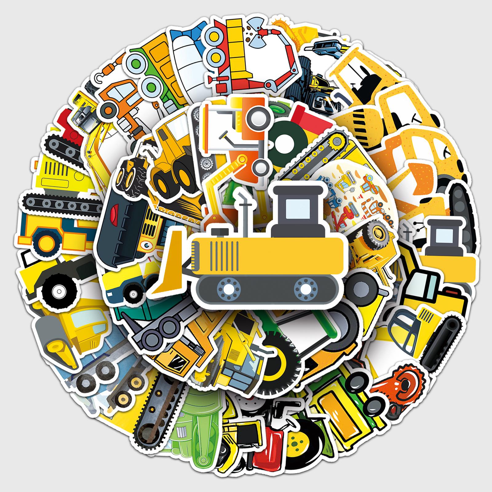 50张工程车涂鸦个性卡通跨境儿童手账咕卡DIY滑板行李箱贴纸防水