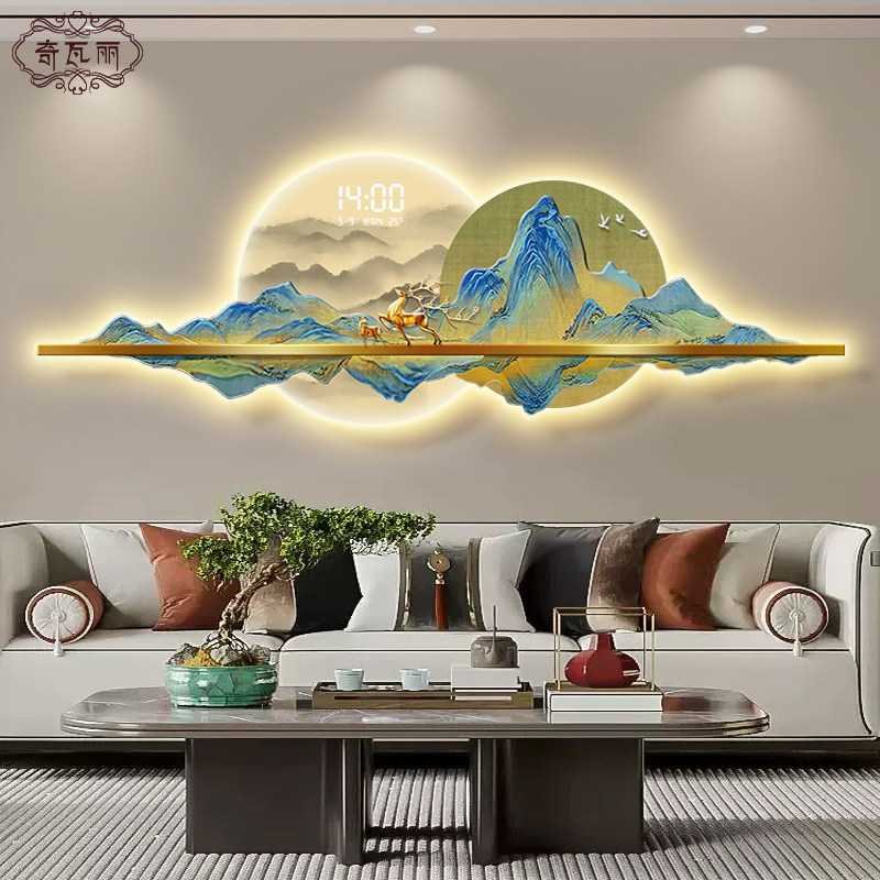 千里江山图客厅挂画电子显示时钟新中式沙发背景墙装饰画钟表壁画