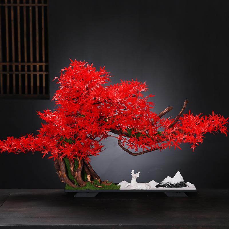 玄关造景装饰摆饰新中式彷真红枫绿植迎客松盆景客厅电视柜博古架