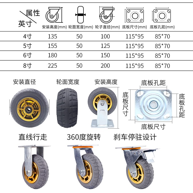 万向轮轮子重型带刹车静音橡胶轮工业承重脚轮板车拖车小推车轮子