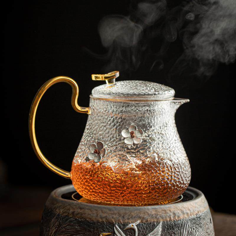 玻璃烧水壶带锡花锤纹泡茶壶带过滤家用耐热玻璃茶具煮茶壶耐高温
